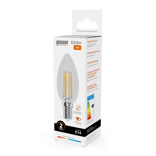 Лампа GAUSS Filament Elementary Свеча 10W 650lm 2700К Е14 LED 1/10/100, фото