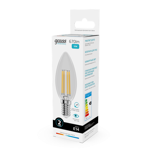 Лампа GAUSS Filament Elementary Свеча 10W 670lm 4100К Е14 LED 1/10/100, вид
