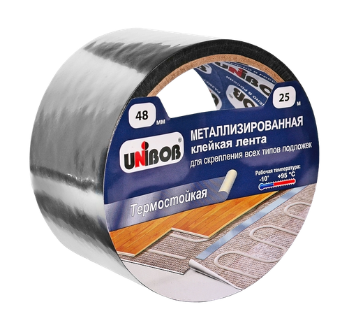 Лента клейкая UNIBOB металлизированная д/скрепления подложек 48мм х 25м, детальное фото