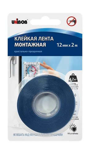 Лента монтажная UNIBOB двухсторонняя 12ммх2м, 1000 мкм, кристально-прозрачная, детальное фото