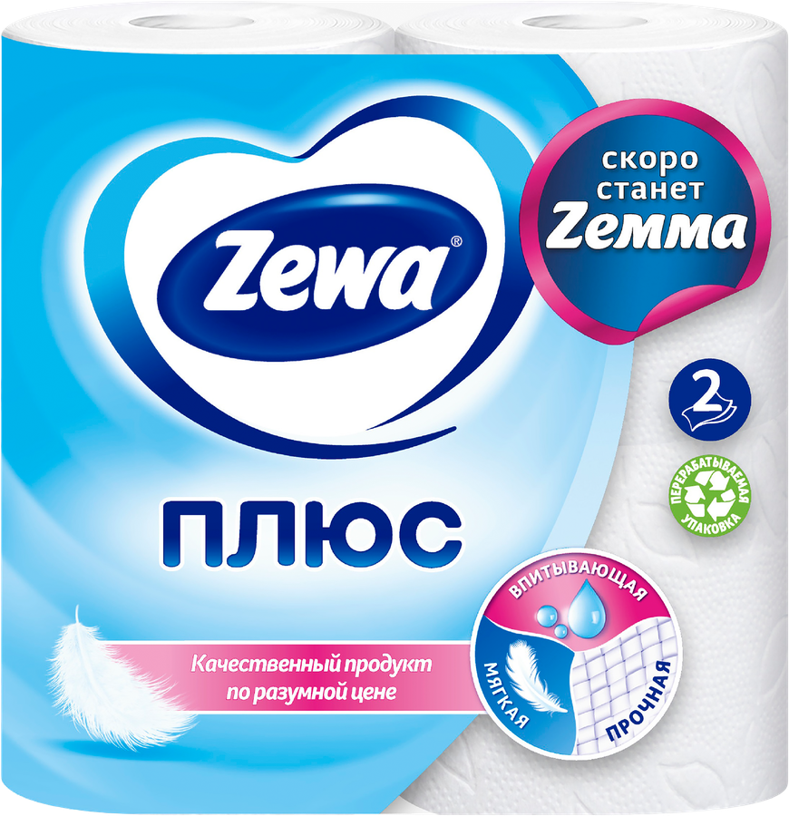 Бумага туалетная ZEWA Plus 2-слоя белая, 4шт, превью