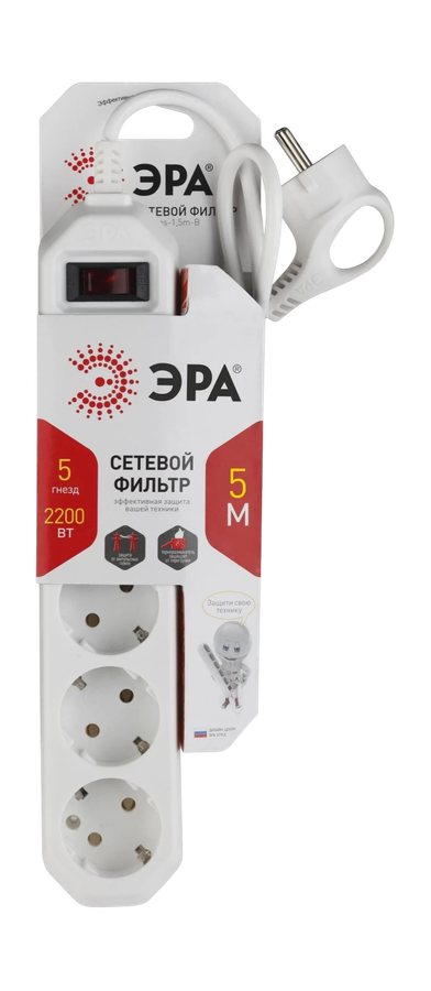 Сетевой фильтр ЭРА 5 розеток с заземлением с выключателем, 5м, предпросмотр