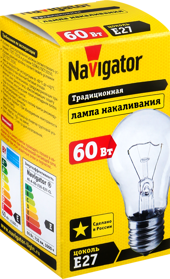 Лампа накаливания NAVIGATOR 60Вт Е27, прозрачная, груша, предпросмотр