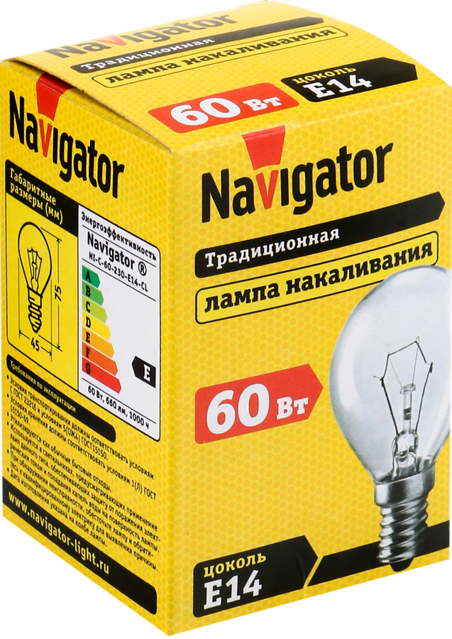 Лампа накаливания NAVIGATOR 60Вт Е14, прозрачная, шар, превью