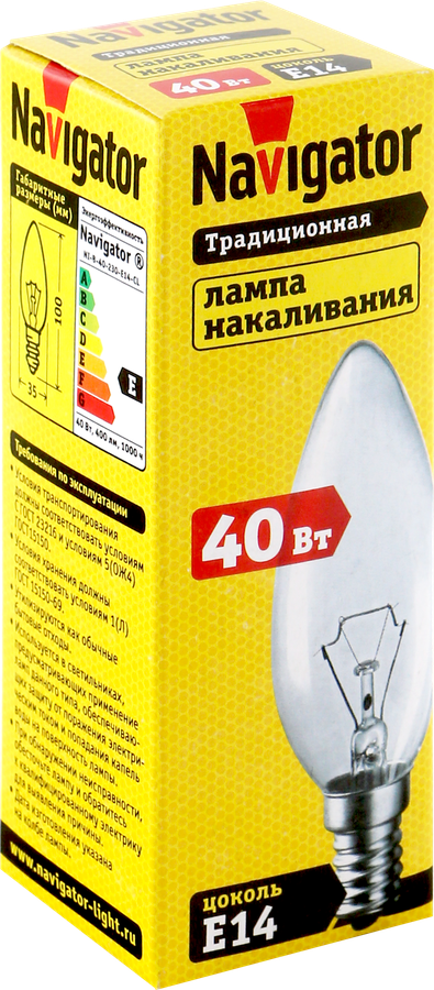 Лампа накаливания NAVIGATOR 40Вт Е14, прозрачная, свеча, превью