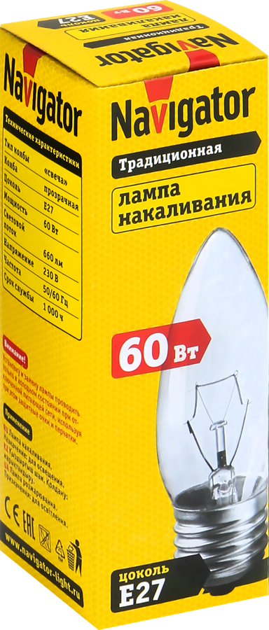Лампа накаливания NAVIGATOR 60Вт Е27, прозрачная, свеча, предпросмотр