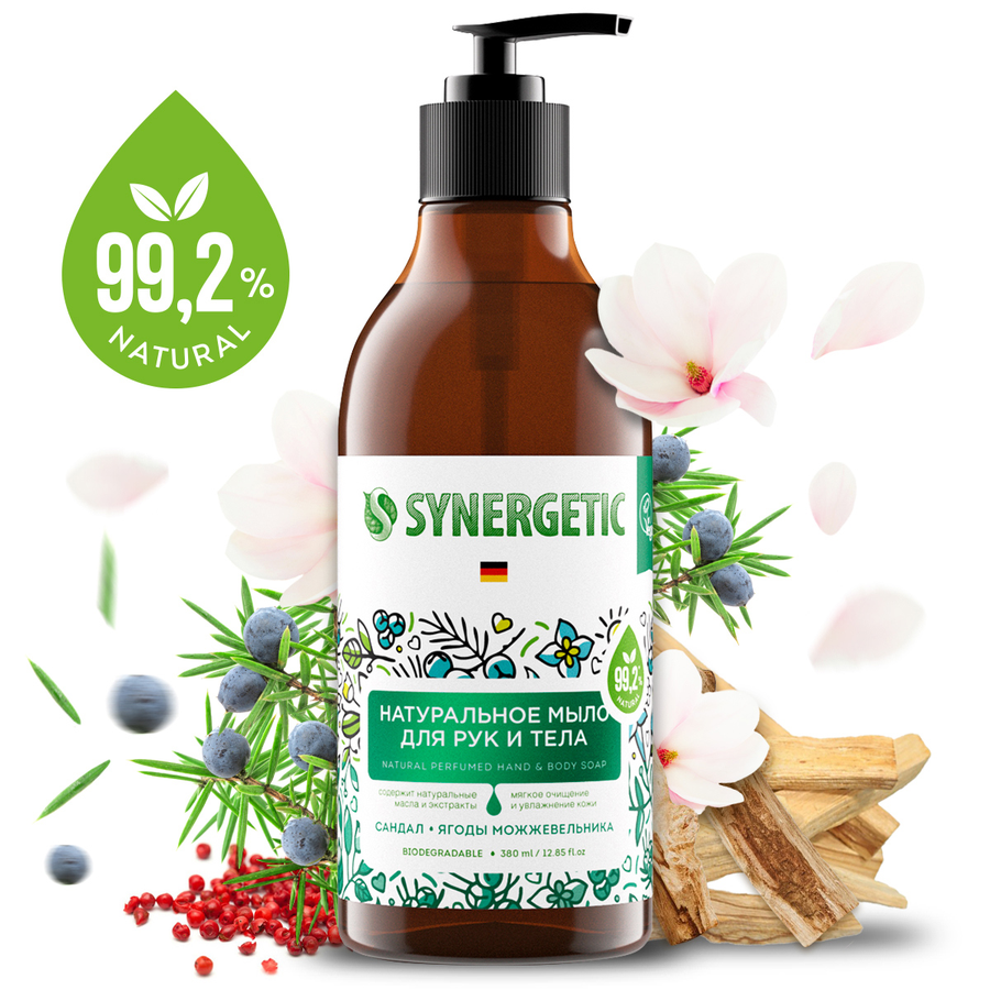 Жидкое мыло для рук и тела SYNERGETIC Сандал и ягоды можжевельника, биоразлагаемое, 380мл, предпросмотр