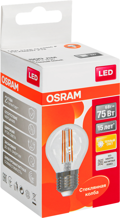 Лампа светодиодная OSRAM LED Star, 6Вт, E27, 2700К, теплый белый свет, шар, предпросмотр