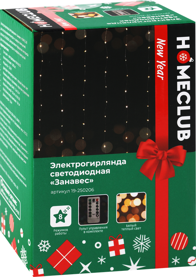 Электрогирлянда HOMECLUB Занавес Роса, 200 microLED, 2,6x2м, теплый 
белый, 8 режимов, с пультом, превью