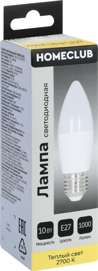 Лампа светодиодная HOMECLUB свеча 10Вт E27 теплый свет, Арт. LED-C39-10E2727, превью