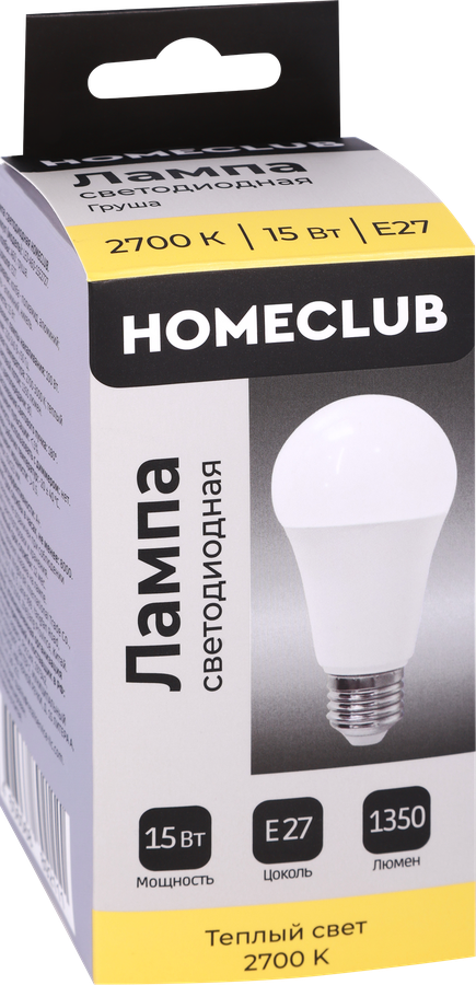 Лампа светодиодная HOMECLUB груша 15Вт E27 теплый свет, Арт. LED-A60-15E2727, превью