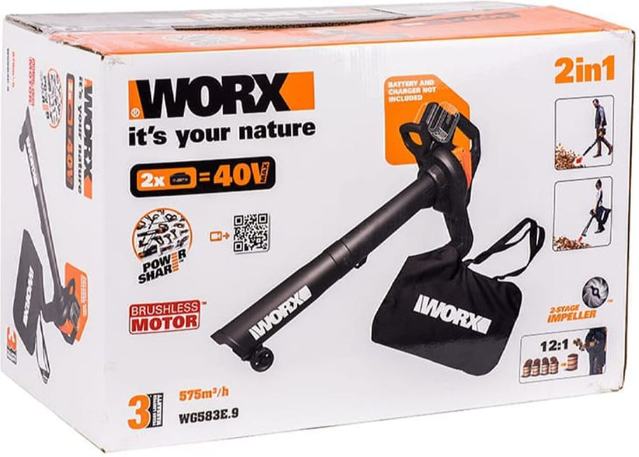 Воздуходувка-пылесос аккумуляторный WORX 2x4Ач, с акб и з/у, wg583e, предпросмотр