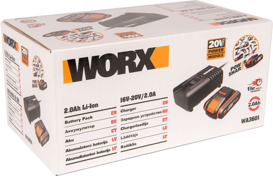 Батарея и зарядное устройство WORX 20В 2Ач, wa3601, предпросмотр