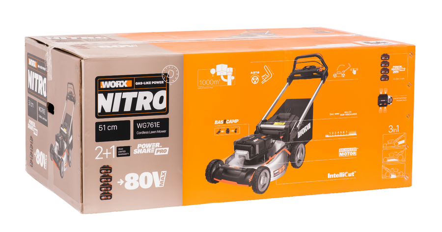 Газонокосилка аккумуляторная WORX самоходная 80В 4Ачх4 51см, с акб и з/у, wg761e, предпросмотр