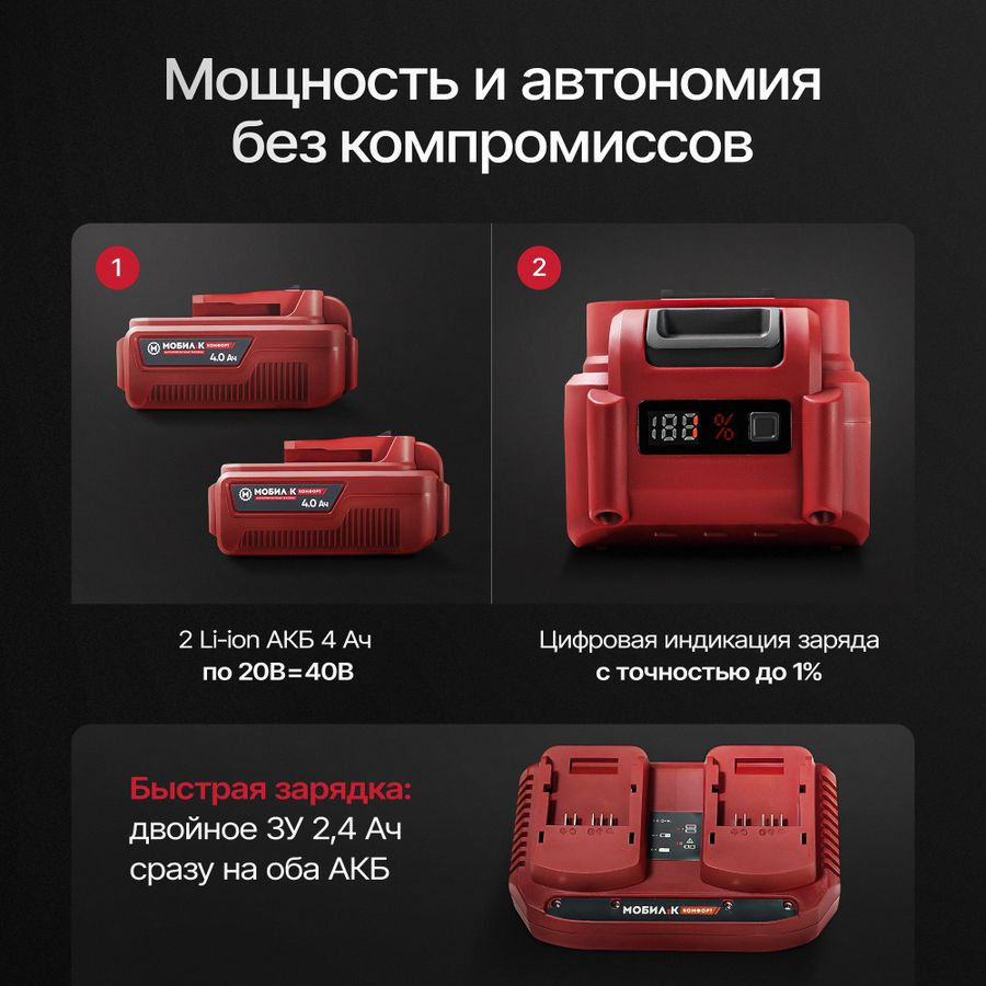 Газонокосилка аккумуляторная МОБИЛ К Комфорт 20В 37см, с двумя акб и з/у, XMA37, превью
