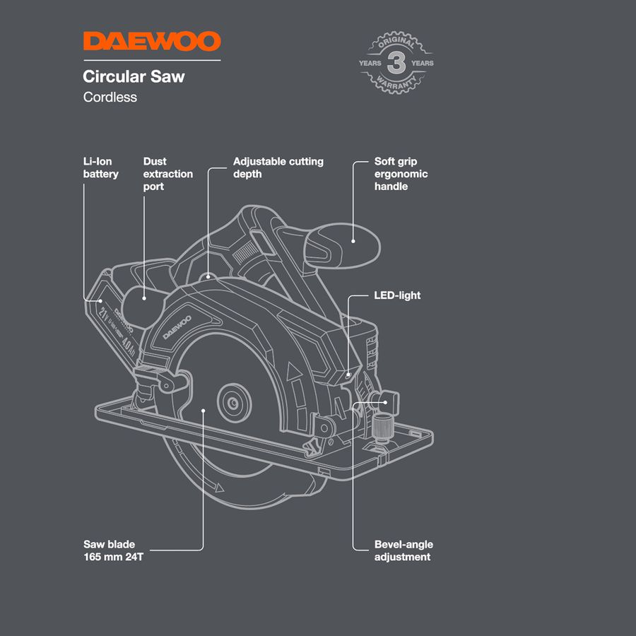 Пила дисковая аккумуляторная DAEWOO DAS 1621Li SET 21В 4 Ач 1 АКБ и ЗУ, превью