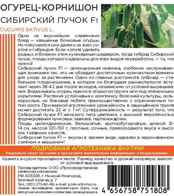 Семена ОГУРЕЦ СИБИРСКИЙ ПУЧОК F1 8 ШТ ШТАЙНЕРТ, превью