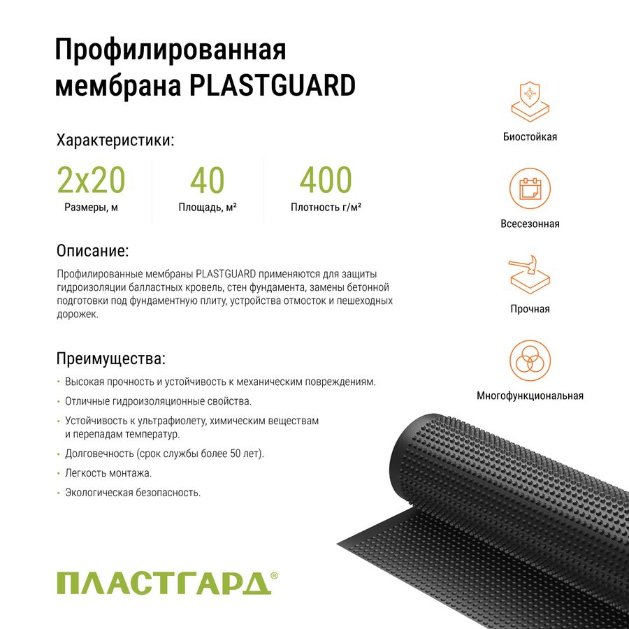 Профилированная мембрана ПЕНОПЛЭКС PLASTGUARD тип 400, 1x20 м, предпросмотр