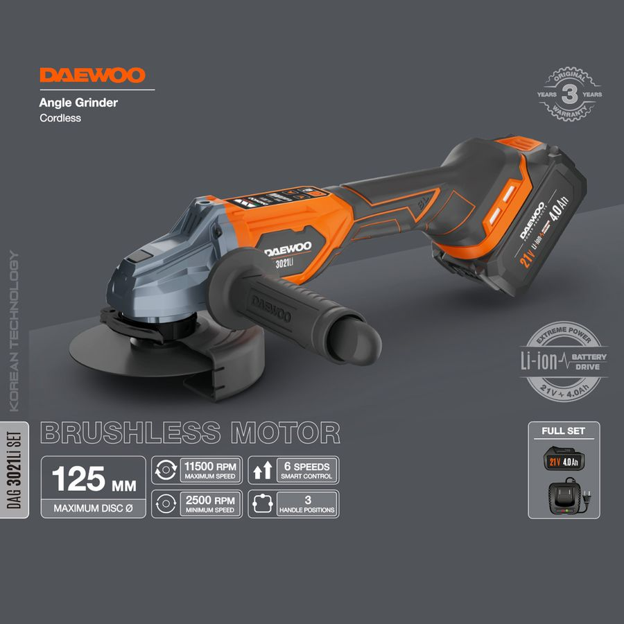 Углошлифовальная машина аккумуляторная DAEWOO DAG 3021Li SET 21В 4 Ач 1 АКБ и ЗУ, превью