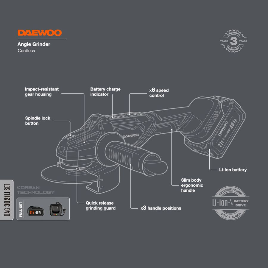 Углошлифовальная машина аккумуляторная DAEWOO DAG 3021Li SET 21В 4 Ач 1 АКБ и ЗУ, предпросмотр