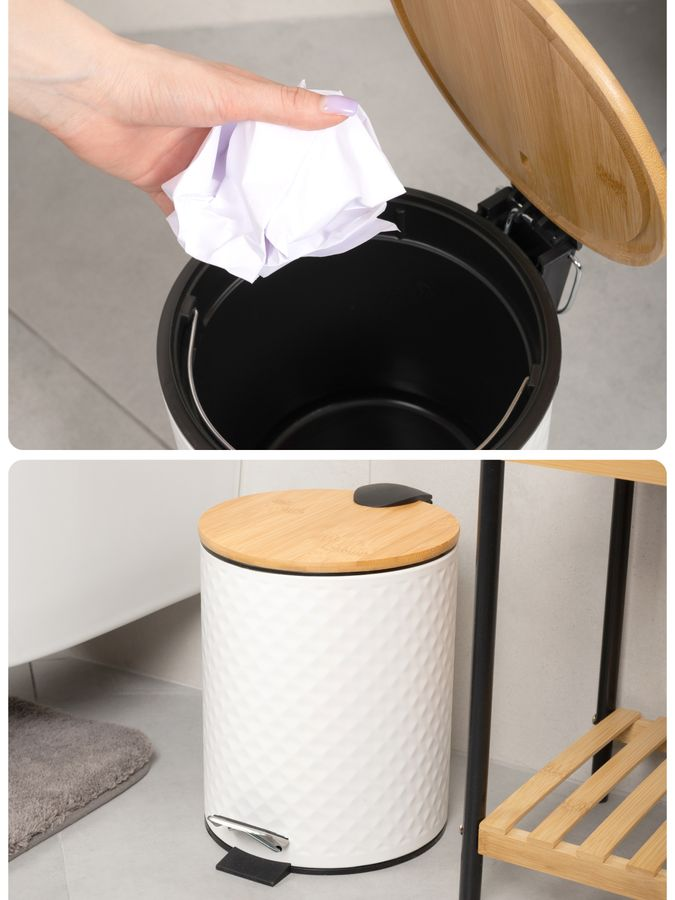 Ведро 5L с педалью и бамбуковой крышкой WHITE RHOMBUS, белый/бамбук, превью