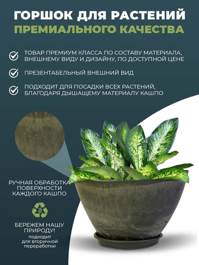 Горшок для цветов "Лодочка" 11 литртов с поддоном, изготовлен из композитного пластика, цвет темно-серый, предпросмотр