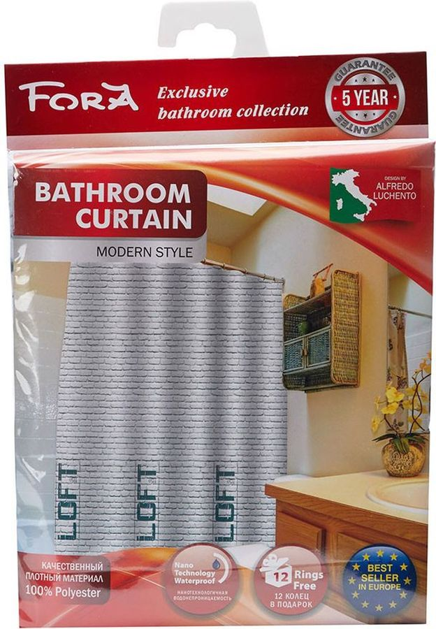 Шторка для ванной Fora кирпич LOFT 180x180 см, превью