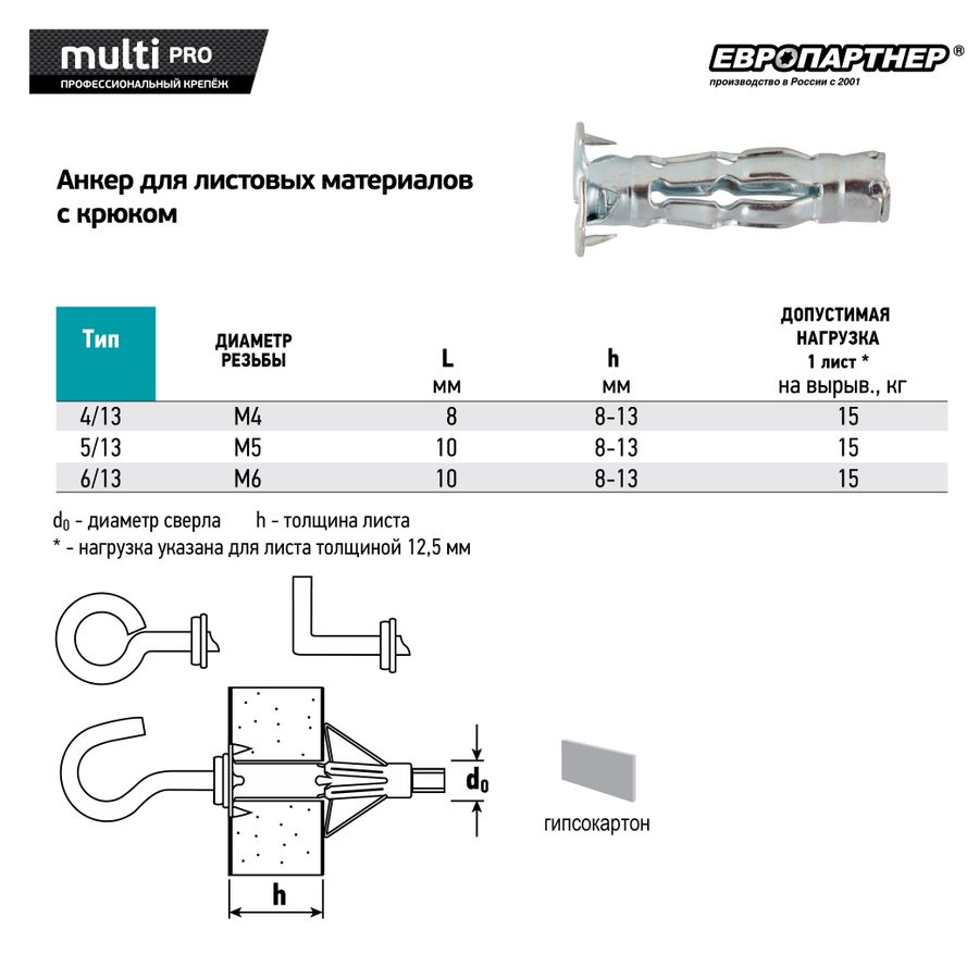 Анкер для листовых материалов с крюком ЕВРОПАРТНЕР MULTI PRO 5/13 мм оцинкованный 2 шт, предпросмотр