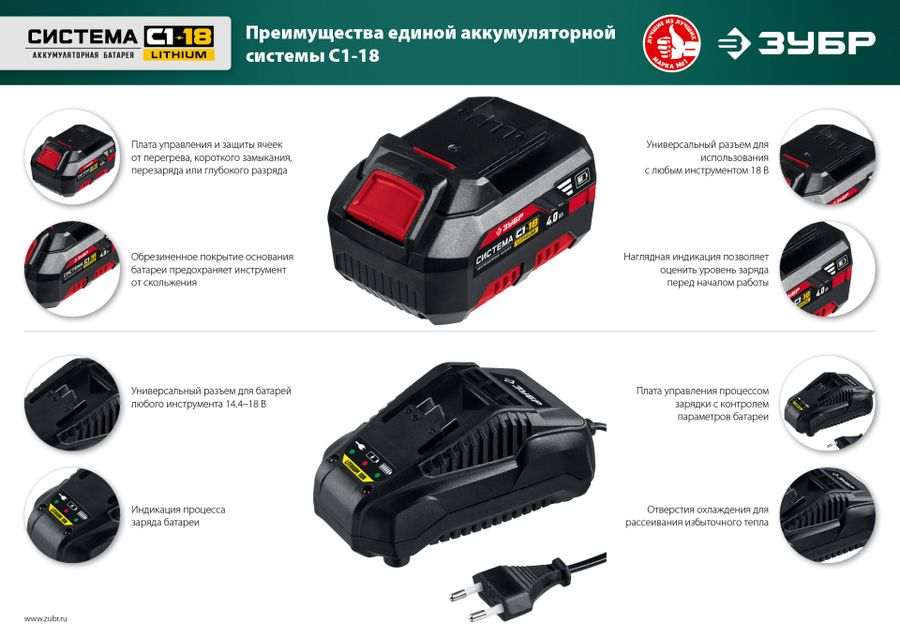 Аккумуляторная батарея ЗУБР АКБ-С1-18-4 18В Li-Ion 4 Ач тип С1, предпросмотр