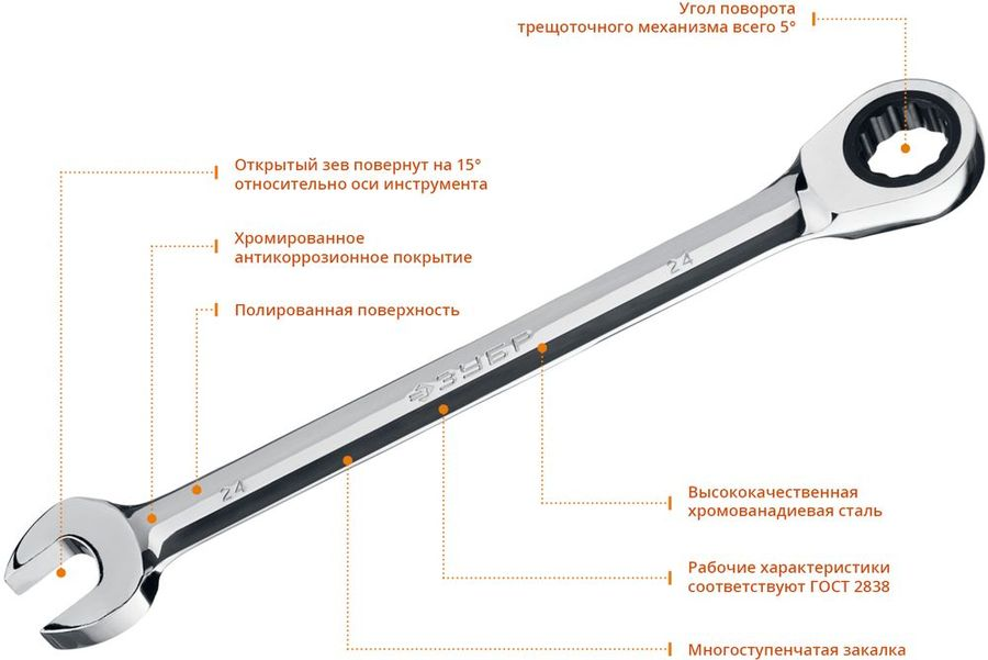 Ключ гаечный ЗУБР комбинированный профессиональный 24 мм, предпросмотр