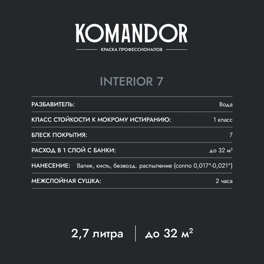 Краска для стен и потолков матовая KOMANDOR INTERIOR 7 БАЗА A 2,7 Л, предпросмотр