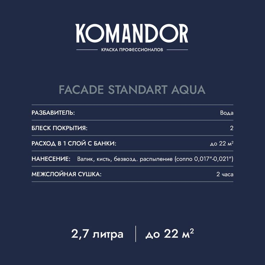 Краска фасадная атмосферостойкая KOMANDOR FACADE STANDART AQUA БАЗА A 2,7 Л, предпросмотр
