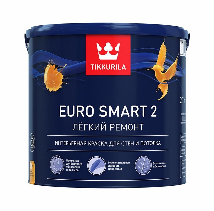 Краска интерьерная Tikkurila/Tikkivala Euro Smart 2 глубокоматовая белая 2,7 л, предпросмотр