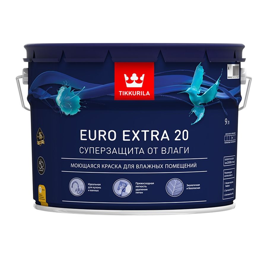 Краска интерьерная Tikkurila/Tikkivala Euro Extra 20 полуматовая белая 9 л, предпросмотр