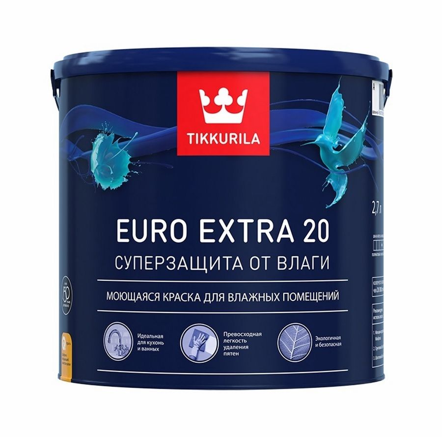 Краска интерьерная Tikkurila/Tikkivala Euro Extra 20 полуматовая колеруемая 2,7 л, предпросмотр