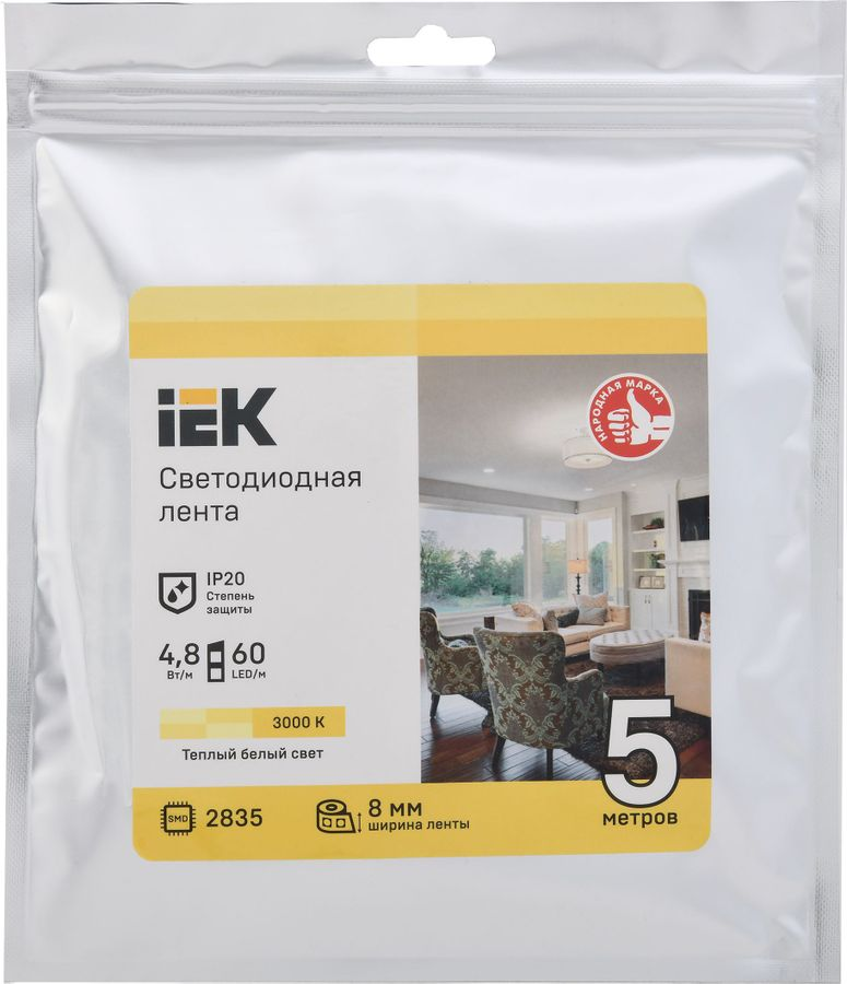 Светодиодная лента IEK SMD 2835 60LED IP20 12В 4,8Вт теплый белый 5 м, превью