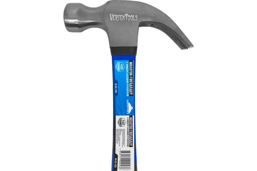 Молоток-гвоздодер VERTEXTOOLS 450 г, фибергласовая обрезиненная рукоятка 10-25-450, предпросмотр
