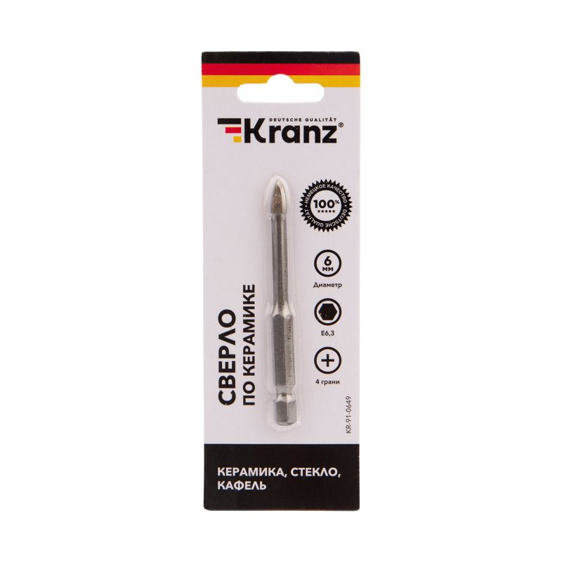 Сверло по стеклу и керамике 6 мм 4 грани, шестигранный хвостовик Kranz, превью