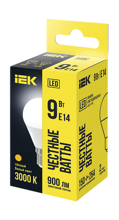 Лампа IEK LED 9Вт E14 3К шар теплый свет, превью