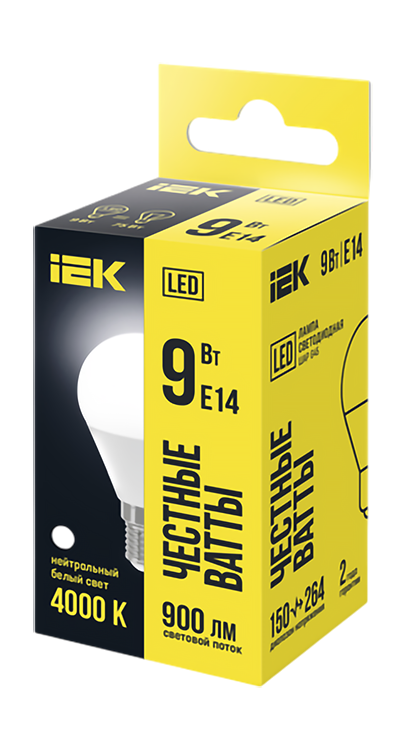 Лампа IEK LED 9вт e14 4к шар нейтр свет, превью