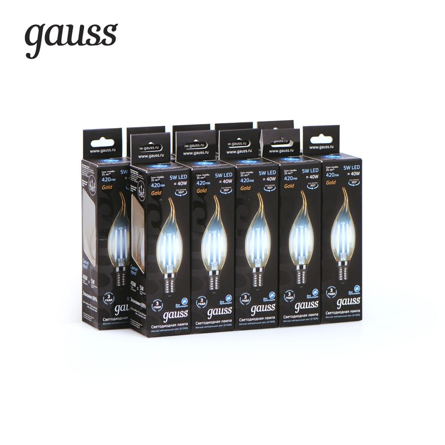Лампа Gauss Filament Свеча на ветру 5W 420lm 4100К Е14 golden LED 1/10/50, предпросмотр