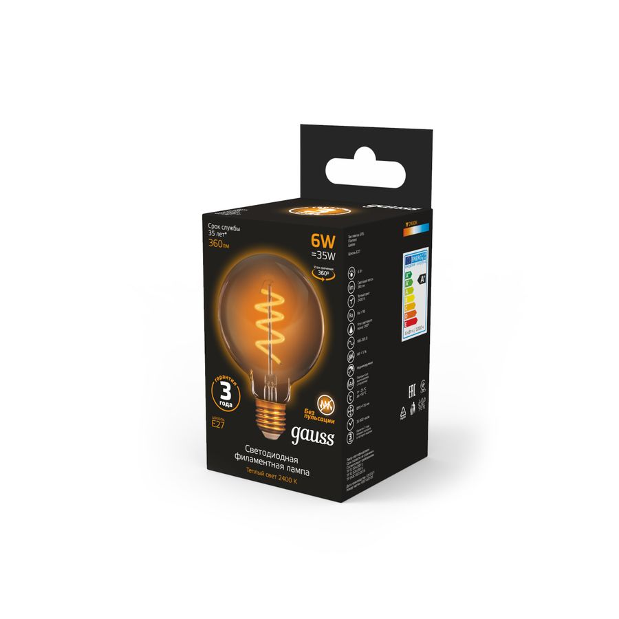 Лампа GAUSS Filament G95 6W 360lm 2400К Е27 golden flexible LED 1/20, превью