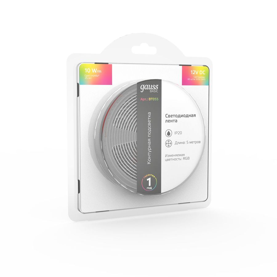 Лента GAUSS Basic LED 5050/60 12V 10W/m 700lm/m RGB 10mm IP20 5m, предпросмотр