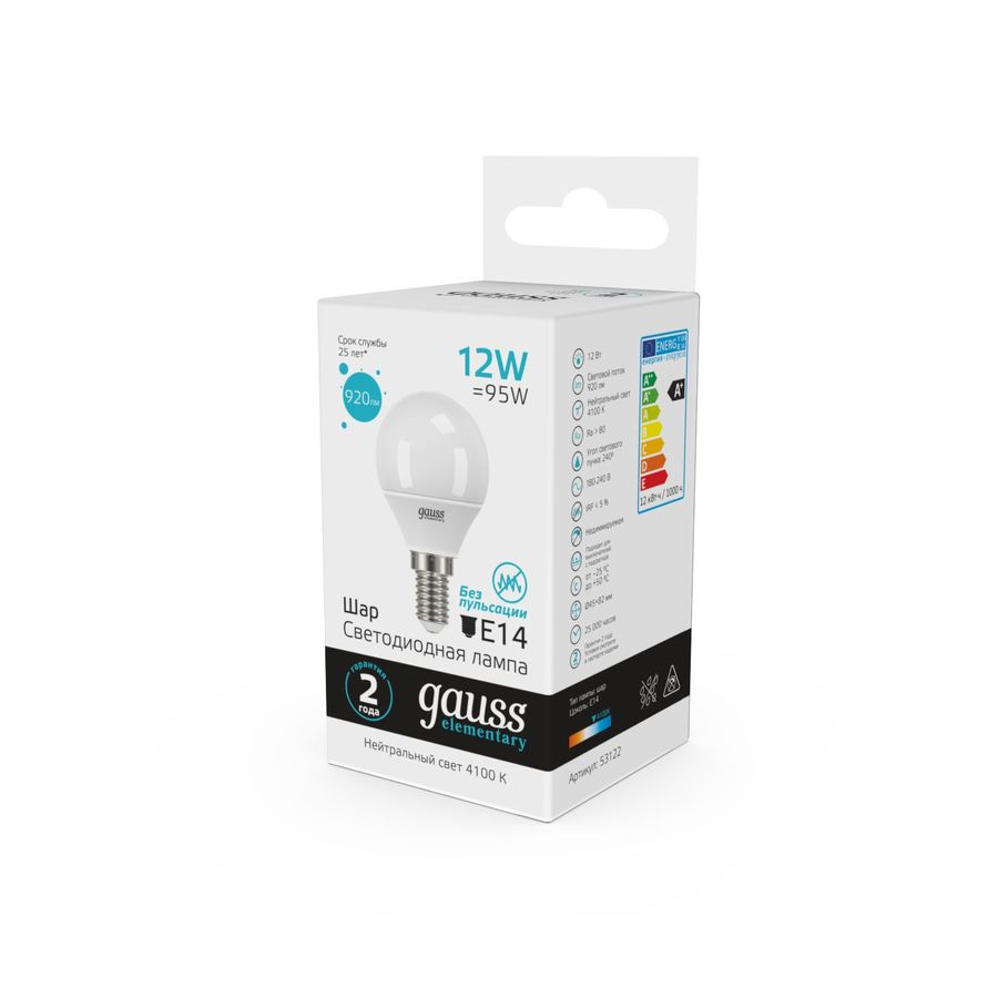 Лампа Gauss Elementary Шар 12W 920lm 4100K Е14 LED, превью