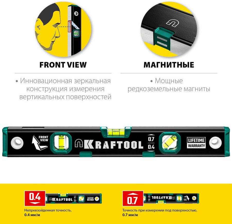 Уровень магнитный KRAFTOOL с зеркальным глазком 400 мм, предпросмотр