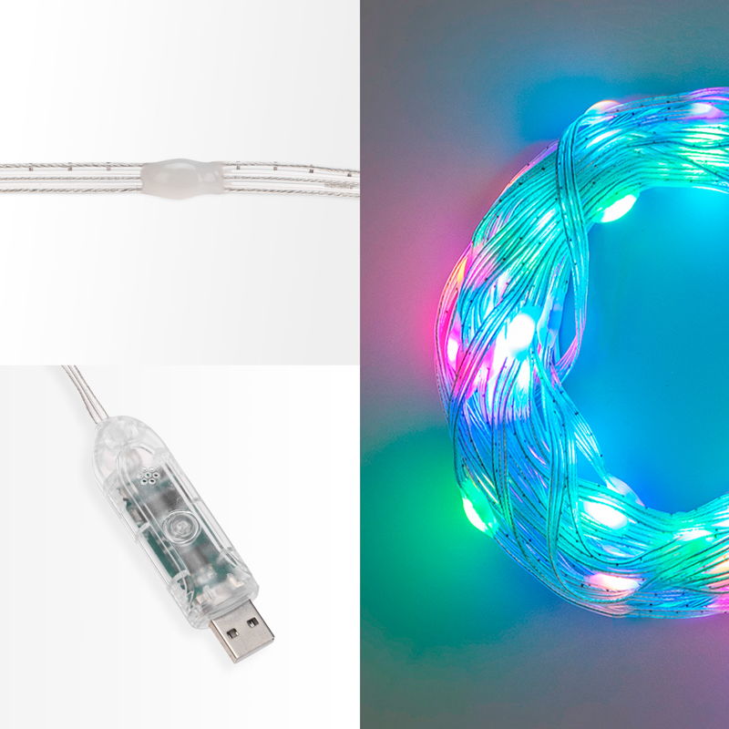 Умная гирлянда Роса с крупными каплями 10м 100 LED RGB мягкий прозрачный провод IP20 USB NEON-NIGHT, предпросмотр