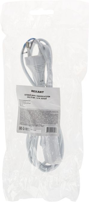 Сетевой шнур с выключателем 2х0,75 мм², 1,8 м белый REXANT, предпросмотр