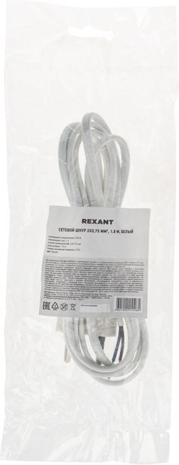 Сетевой шнур 2х0,75 мм², 1,8 м белый REXANT, предпросмотр