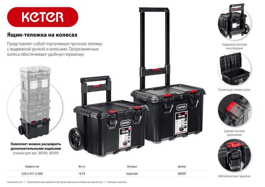 Ящик пластиковый/колеса для инструмента KETER STACKNROLL 525х411х560 мм, превью