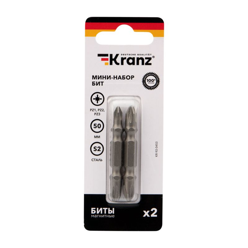 Мини-набор бит двусторонних PZ2xPZ2, PZ1xPZ3-50 мм 2 биты на блистере Kranz, превью